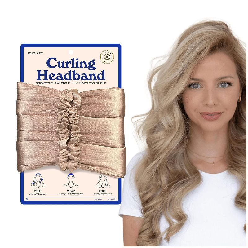 Photo 1 of RobeCurls Satin Heatless Hair Curler Set — The Original Curling Headband — Heatless Curling Rod Headband Hair Accessories For Women — Includes 2 Scrunchies (Cream)
