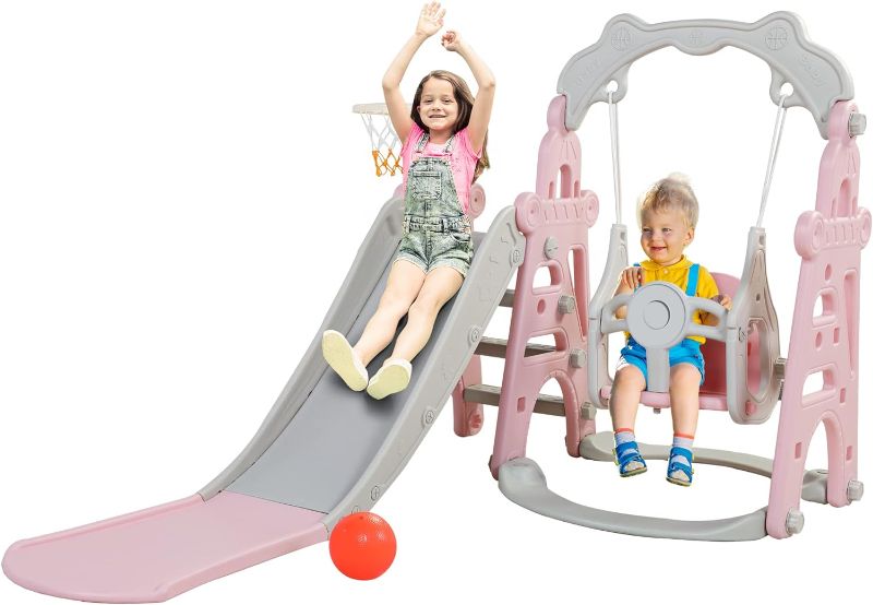 Photo 1 of 3-in-1 Kids Slide for Toddlers Age 1-3 Slide and Swing Set,Indoor Playground for Children,Freestanding Outdoor Slides with Basketball Hoop,Outside Climber Playhouses,Baby Climbing Toys
