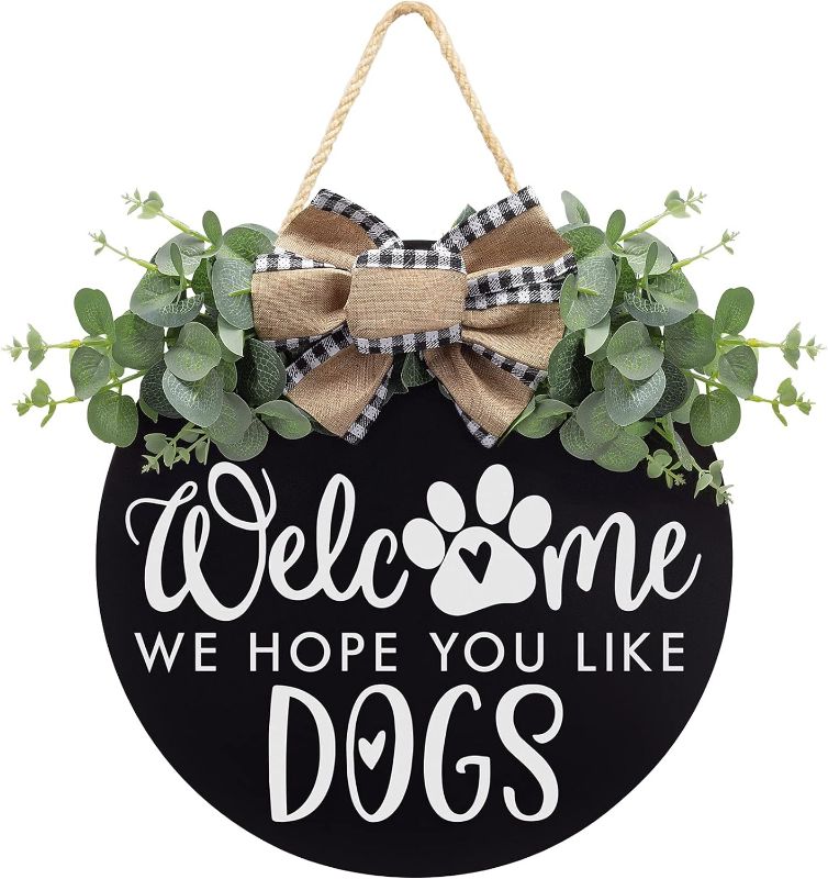 Photo 1 of Welcome We Hope You Like Dogs Farmhouse Door Sign for Front Door Porch Decor with Eucalyptus Leaves & Buffalo Bow - Welcome Wreath Sign Hanging for Dogs Lovers Christmas Decoration Housewarming Gift

