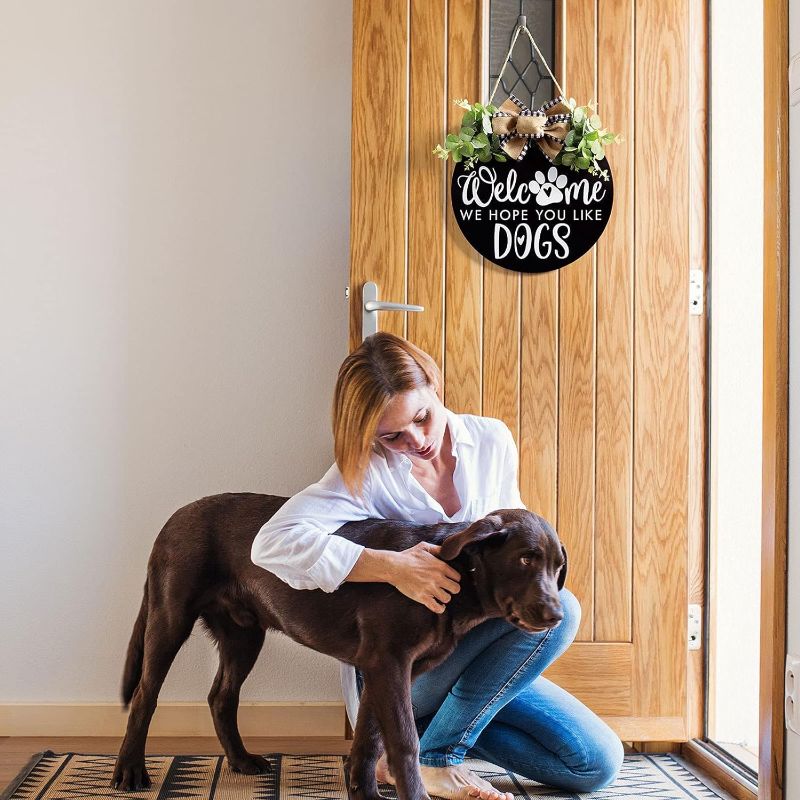 Photo 1 of Welcome We Hope You Like Dogs Farmhouse Door Sign for Front Door Porch Decor with Eucalyptus Leaves & Buffalo Bow - Welcome Wreath Sign Hanging for Dogs Lovers Christmas Decoration Housewarming Gift
