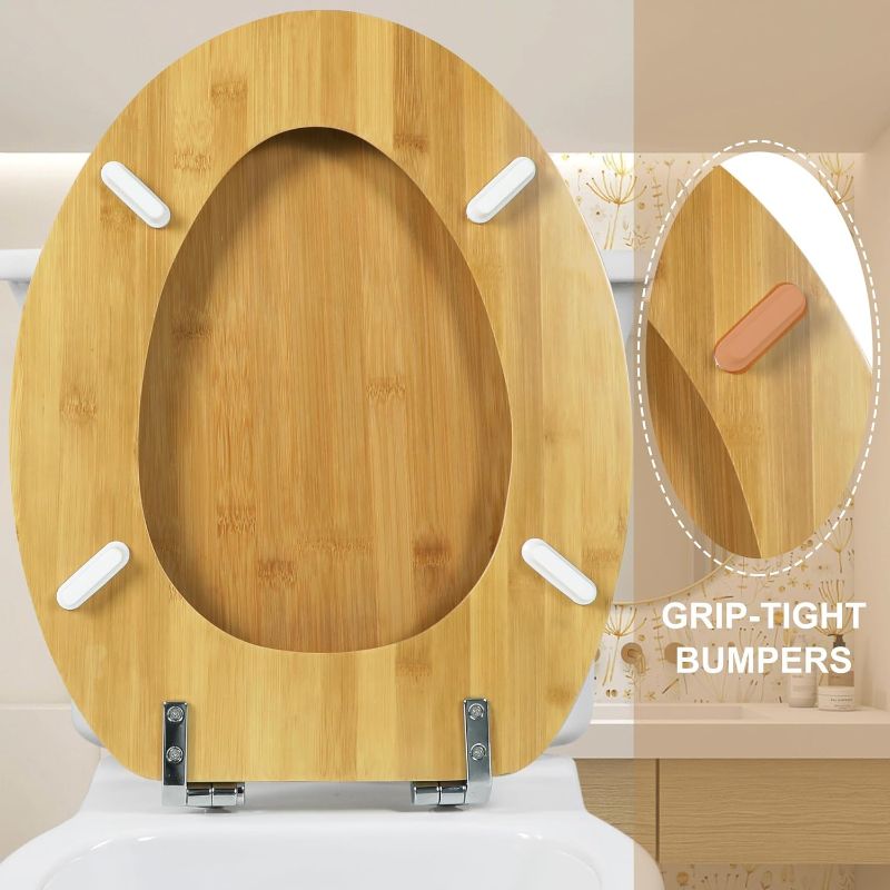 Photo 3 of Elongated Toilet Seat Bamboo Wood Toilet Seat with Zinc Alloy Hinges, Easy to Install also Easy to Clean, Anti-pinch Wooden Toilet Seat
