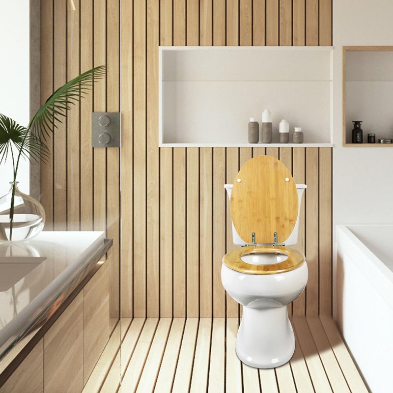 Photo 2 of Elongated Toilet Seat Bamboo Wood Toilet Seat with Zinc Alloy Hinges, Easy to Install also Easy to Clean, Anti-pinch Wooden Toilet Seat
