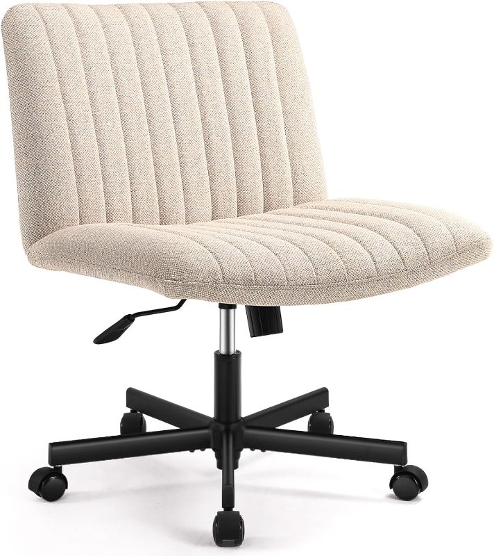 Photo 1 of White Armless Office Chair Wide Desk Chair No Wheels Task Vanity Chair Fabric Swivel Home Office Desk Chair 120°Rocking Mid Back Computer Chair for Make Up (White)
