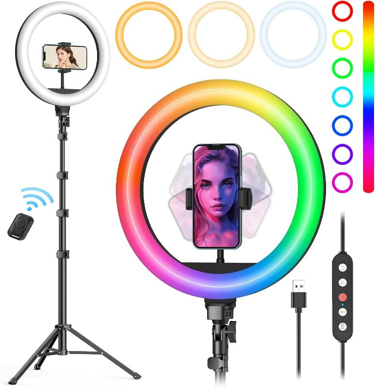 Photo 1 of PEHESHE - 10" Selfie Ring Light with Tripod Stand, 72'' Tall & Phone Holder, 38 Color Modes, Stepless Dimmable/Speed LED Ring Light for iPhone & Android,YouTube, Makeup,TIK Tok
