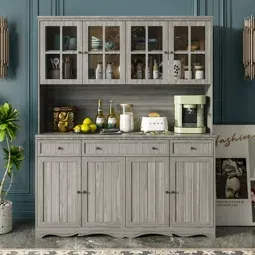 Photo 1 of Gray Painted Wood 61.2 in. W Food Pantry Cabinet With Drawers and Adjustable Shelves, Glass Doors, Hutch
