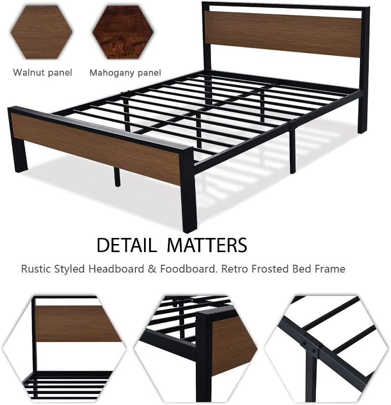Photo 1 of SHA CERLIN Twin XL Size Metal Platform Bed Frame with Wooden Headboard and Footboard, Mattress Foundation, No Box Spring Needed, Large Under Bed Storage, Non-Slip Without Noise, Walnut
