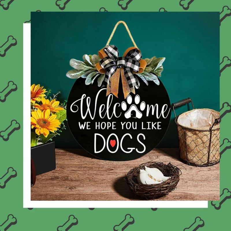 Photo 2 of Welcome Wreath Sign for Farmhouse Front Porch Decor - We Hope You Like Dogs - Door Hanging with Premium Greenery - Gift for Christmas Housewarming Holiday Home Decoration (12IN Dog)
