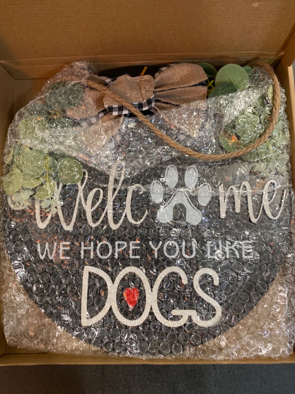 Photo 4 of Welcome Wreath Sign for Farmhouse Front Porch Decor - We Hope You Like Dogs - Door Hanging with Premium Greenery - Gift for Christmas Housewarming Holiday Home Decoration (12IN Dog)
