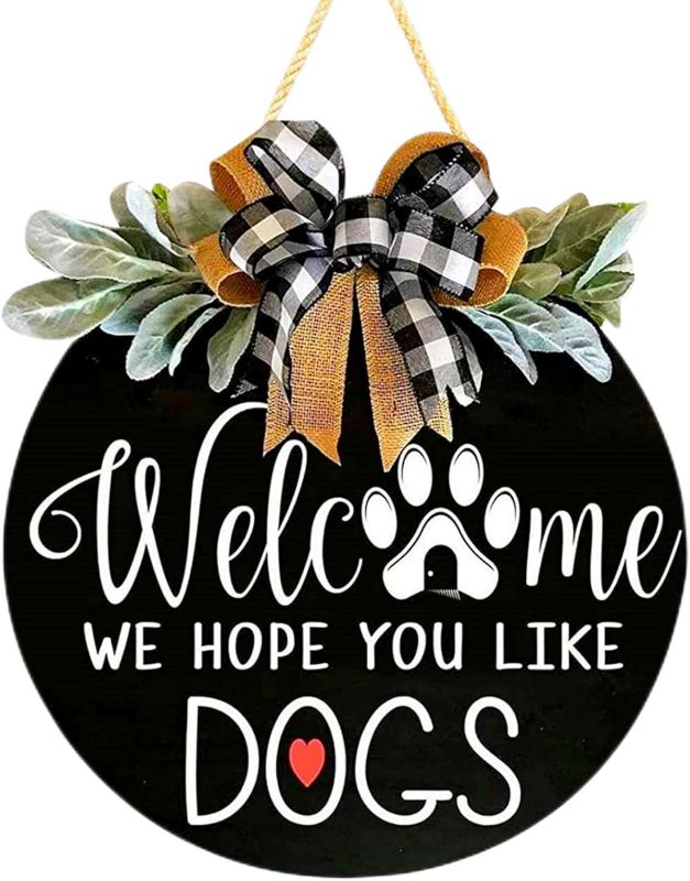 Photo 1 of Welcome Wreath Sign for Farmhouse Front Porch Decor - We Hope You Like Dogs - Door Hanging with Premium Greenery - Gift for Christmas Housewarming Holiday Home Decoration (12IN Dog)
