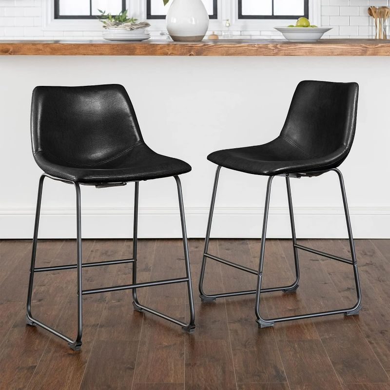 Photo 1 of Black Leather CounterBar Stools Set of 2, Modern Counter Height Bar Stools, Faux Leather Barstool with Back and Metal Leg, Armless Dining Chairs for Kitchen Island Pub Living Room (Black, 2pcs)
