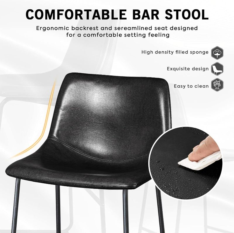 Photo 2 of Black Leather CounterBar Stools Set of 2, Modern Counter Height Bar Stools, Faux Leather Barstool with Back and Metal Leg, Armless Dining Chairs for Kitchen Island Pub Living Room (Black, 2pcs)

