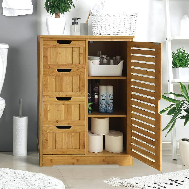 Photo 1 of VEIKOUS - Yellow Bamboo Freestanding Linen Cabinet with 2-Removable Shelves and 4-Drawer - MINOR DAMAGE
