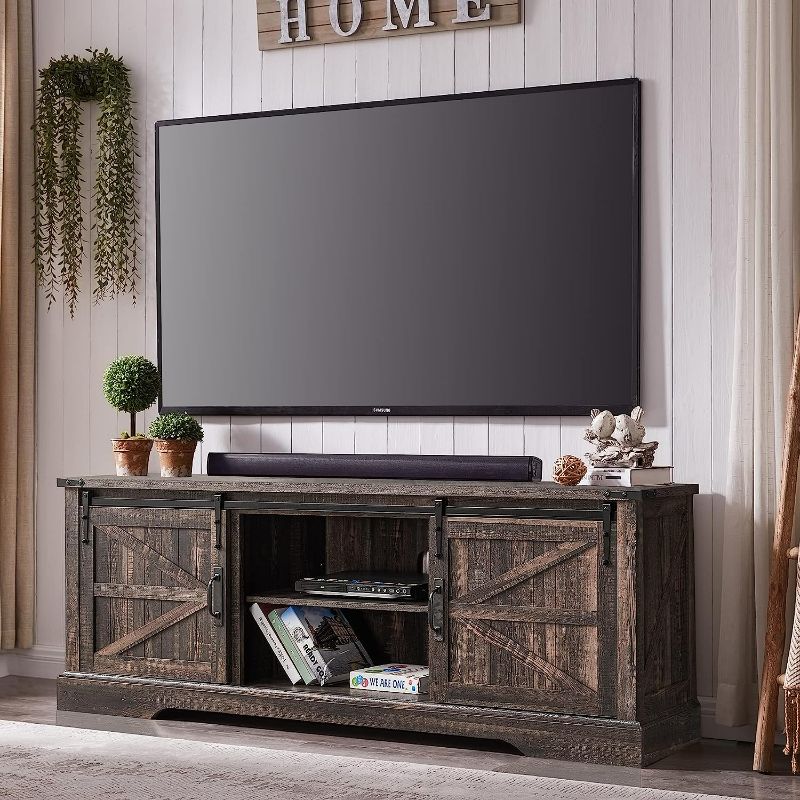 Photo 1 of OKD Farmhouse TV Stand for 75 Inch TV with Sliding Barn Door, Rustic Wood Entertainment Center Large Media Console Cabinet Long Television Stands for 70 Inch TVs, Dark Rustic Oak
