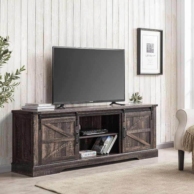 Photo 3 of OKD Farmhouse TV Stand for 75 Inch TV with Sliding Barn Door, Rustic Wood Entertainment Center Large Media Console Cabinet Long Television Stands for 70 Inch TVs, Dark Rustic Oak
