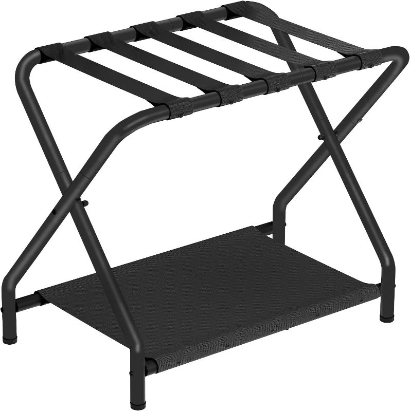 Photo 1 of HOOBRO Luggage Rack, Folding Suitcase Stand with Fabric Storage Shelf for Guest Room, Bedroom, Hotel, Holds up to 100 lb, 27 x 15.3 x 22 Inches, Space Saving, Black BK04XL01
