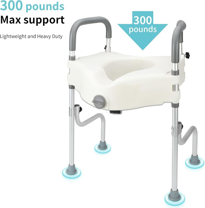 Photo 1 of Raised Toilet Seat, Elevated Toilet Riser with Height Adjustable Legs, Padded with Armrests, Elevator 5 Inches, Support 300 lbs, Tool Free Installation,...
