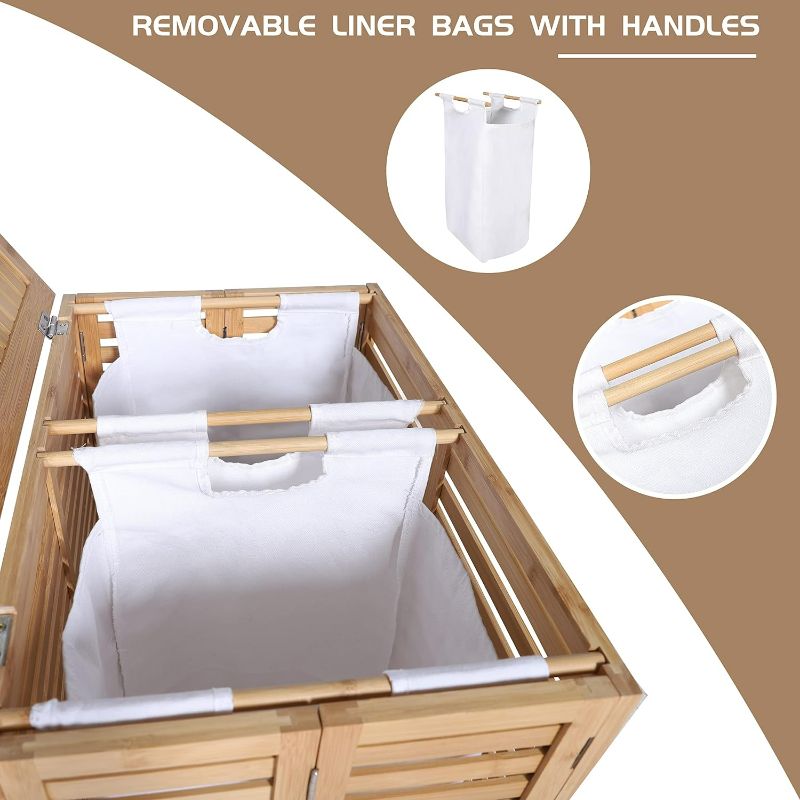 Photo 3 of VEIKOU Hamper with Lid, Bamboo Laundry Hamper 2 Compartment, Divider Dirty Clothes Hamper, 120L Large Foldable Laundry Hamper with Removable Liners Bags
