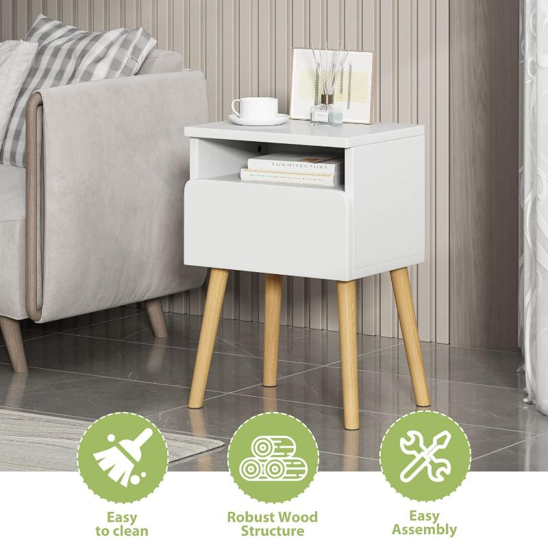 Photo 1 of JAXPETY Upgraded Set of 1 Modern Wood Nightstand with Drawer, End Table with Solid Wood Legs and Storage Drawer for Bedroom Living Room Home Office(1-Pack, White)
