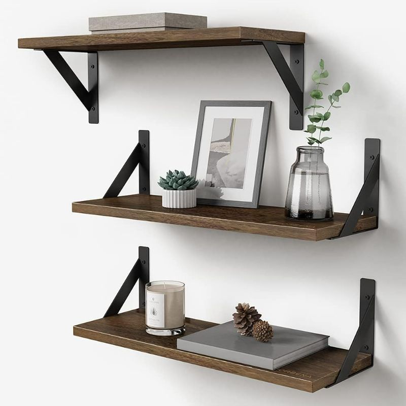 Photo 1 of FITUEYES - Rustic Floating Shelves Wall Mounted Set of 3, 17 Inch Natural Wood Wall Shelves, Decor Storage Shelf for Bedroom Bathroom Living Room Office Pictures Plants Books Cats TV (Rustic Brown)
