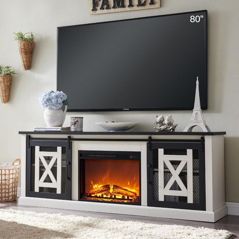 Photo 1 of Rustic Oak Electric Fireplace TV Stand for TVs up to 80 Inches, Farmhouse Entertainment Center w/Sliding Barn Door & Adjustable Storage Shelves, 70" Large Media Console Table for Living Room, (RUSTIC OAK)
