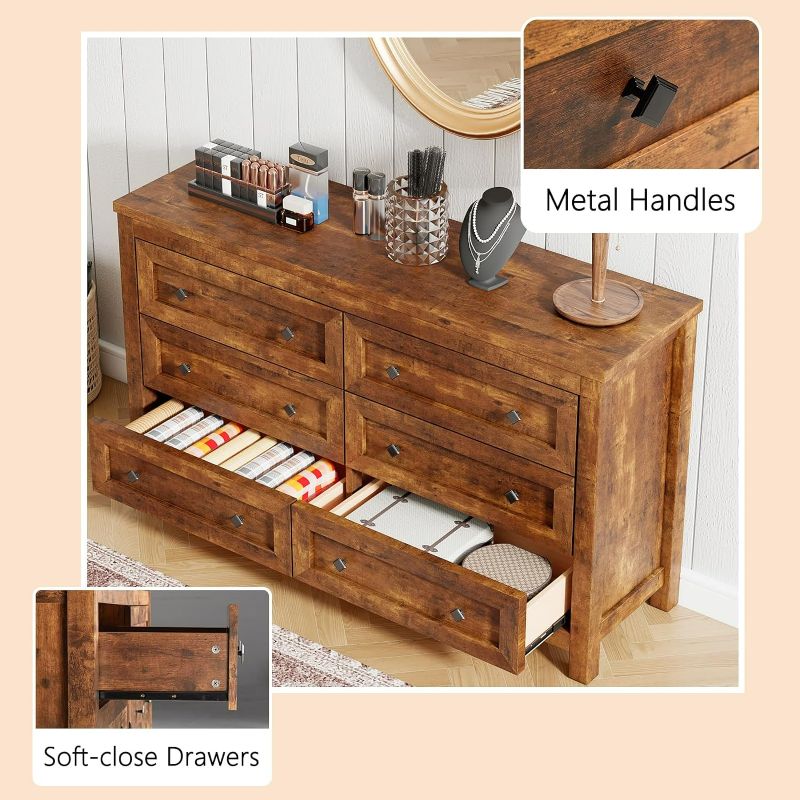 Photo 2 of LUXOAK Farmhouse 6 Drawers Dresser for Bedroom, Wood Rustic Chest of Drawers, Tall Dressers Organizer with Metal Handles, 6 Drawers Chest for Bedroom, Living Room, Hallway, Brown
