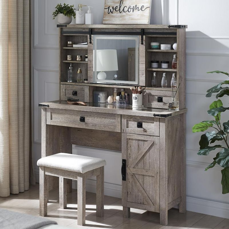 Photo 1 of T4TREAM Farmhouse Makeup Vanity Desk with Sliding Mirror and Lights, 32'' Glass Tabletop Vanity Table with 2 Drawers & Shelves, Rustic Big Vanity Set for Bedroom, Stool Included, Antique White
