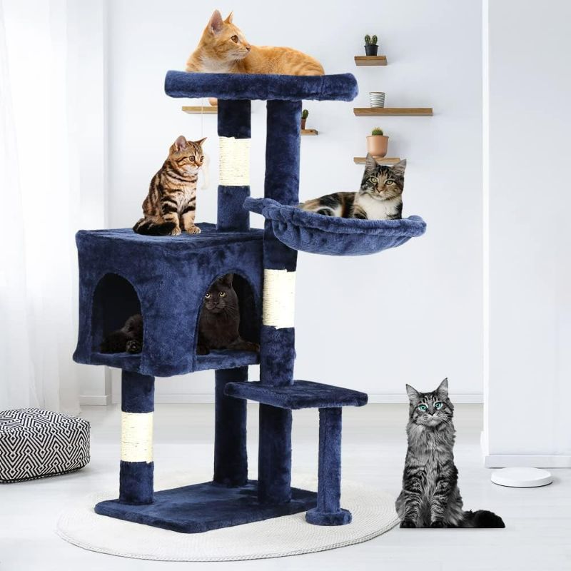 Photo 1 of QUUZEE - Navy Blue Cat Tree Tall Cat Tower for Indoor Cats Condo Cat Climber w/Scratching Post Cats Climbing Stand w/Plush Top Perch Cat Playhouse Kitty Cat Activity...
