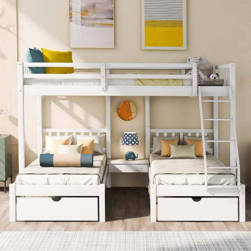 Photo 1 of Harper & Bright Designs Triple Bunk Bed,Full Over Twin & Twin Bunk Bed,3 Bed Bunk Beds with Drawers and Guardrails for Kids (White)
