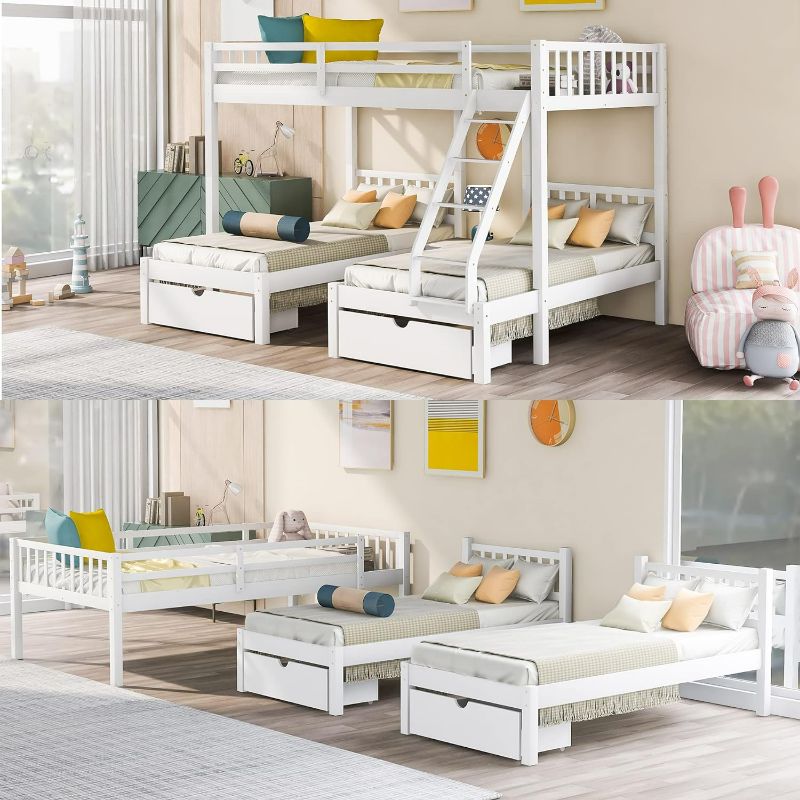 Photo 2 of Harper & Bright Designs Triple Bunk Bed,Full Over Twin & Twin Bunk Bed,3 Bed Bunk Beds with Drawers and Guardrails for Kids (White)
