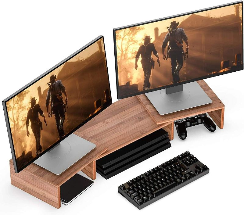 Photo 1 of Well Weng Dual Monitor Riser with Adjustable Length and Angle Desktop Stand 3 Shelf Storage Organizer,Bamboo
