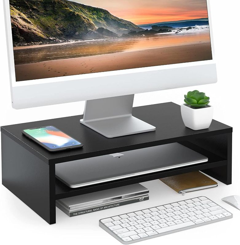 Photo 1 of FITUEYES Monitor Stand - 2 Tier Computer Monitor Riser with 16.7 Inch Shelf, Wood Desktop Stand for Laptop Computer Screen, Desk Organization, Office Supplies,Black, DT204201WB
