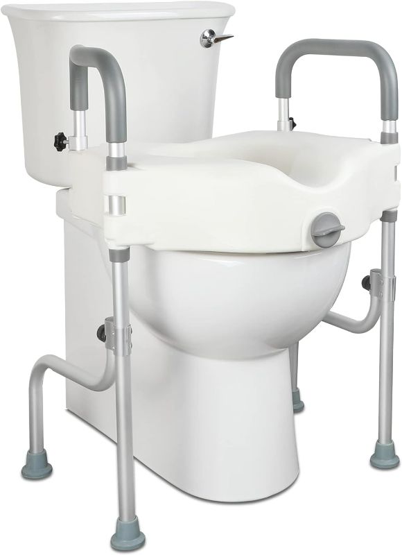Photo 1 of Raised Toilet Seat, Elevated Toilet Seat Riser with Handles Height Adjustable Legs for Elongated Standard Toilets 300 lbs Heavy Duty Bathroom Assist Safety Commode Frame White

