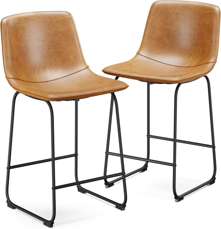 Photo 1 of Aowos Bar Stools Set of 2, Modern Counter Height Bar Stools with Back, 26 inch PU Leather Bar Stools with Metal Legs and Footrest, Urban Armless Dining Chairs for Kitchens Island Brown
