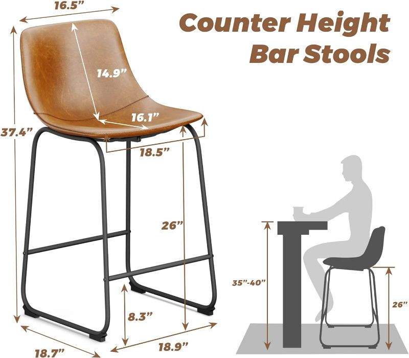 Photo 3 of Aowos Bar Stools Set of 2, Modern Counter Height Bar Stools with Back, 26 inch PU Leather Bar Stools with Metal Legs and Footrest, Urban Armless Dining Chairs for Kitchens Island Brown
