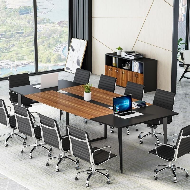 Photo 2 of Tribesigns 8FT Conference Table, 94.48L x 47.24W x 29.52H Inches Boat Shaped Meeting Table with Rectangle Grommet, Modern Seminar Boardroom Table for Office Conference Room (8ft, Walnut & Black)
