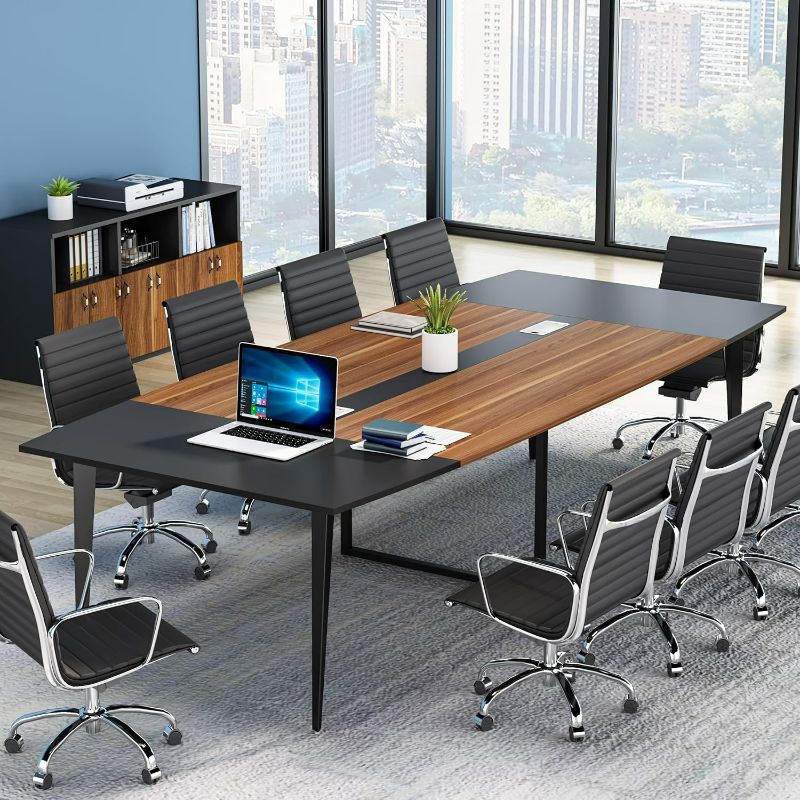 Photo 1 of Tribesigns 8FT Conference Table, 94.48L x 47.24W x 29.52H Inches Boat Shaped Meeting Table with Rectangle Grommet, Modern Seminar Boardroom Table for Office Conference Room (8ft, Walnut & Black)
