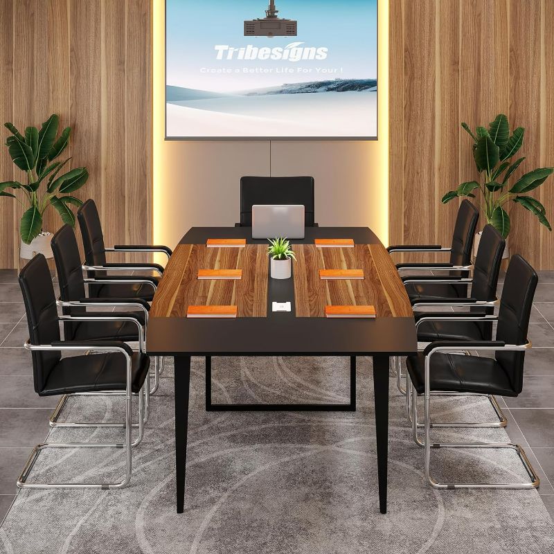 Photo 3 of Tribesigns 8FT Conference Table, 94.48L x 47.24W x 29.52H Inches Boat Shaped Meeting Table with Rectangle Grommet, Modern Seminar Boardroom Table for Office Conference Room (8ft, Walnut & Black)

