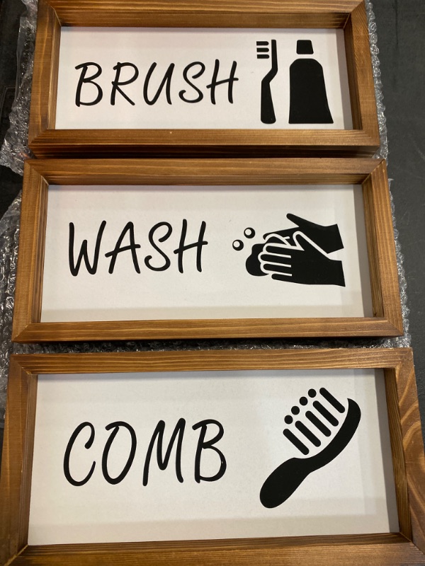 Photo 1 of LIBWYS Bathroom Sign & Plaque (Set of 3) Wash Your Hands Brush Your Teeth Comb Your Hair Decorative Rustic Wood Farmhouse Bathroom Wall Decor (White)
