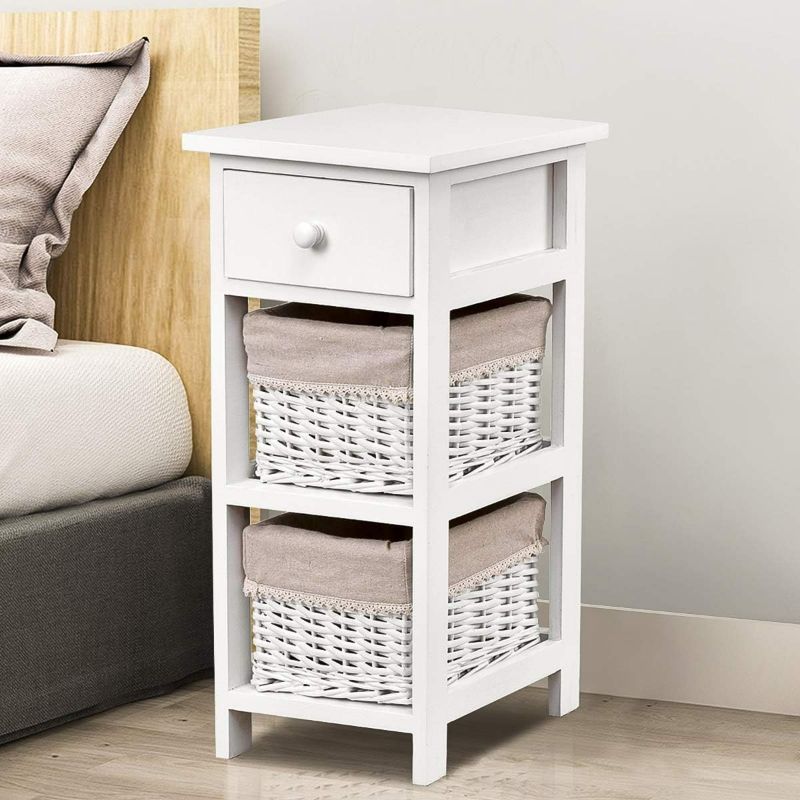 Photo 2 of Giantex Wooden Nightstand 3-Tier Modern Bedside Table with 1 Drawer and 2 Storage Baskets, Sofa Storage Organizer for Bedroom, Home Cosmetic Storage Organization Furniture End Table ( White)
