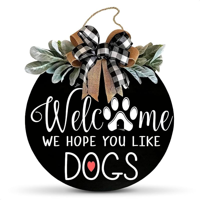 Photo 1 of Welcome We Hope You Like Dogs Sign - 12'' Front Door Decor Dog Lover Dog Decor Sign for Front Door Wreath Hanger Welcome Home Decor - Outdoor Wreaths for Front Door Decorations Hanging Front Porch Decor
