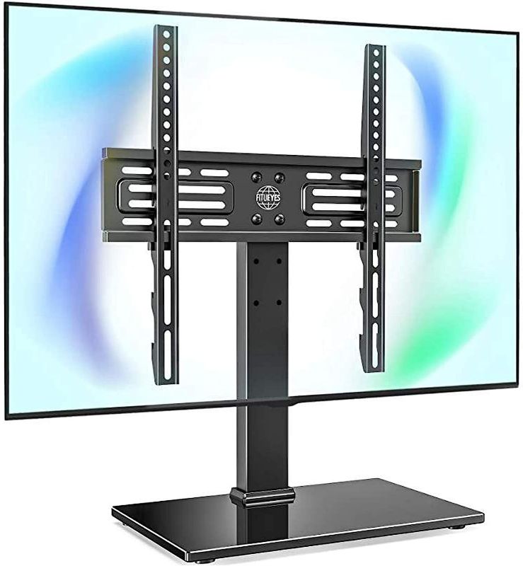 Photo 1 of FITUEYES Universal TV Stand/Base Swivel Tabletop TV Stand with Mount for 50 to 85 inch Flat Screen TV 100 Degree Swivel, 4 Level Height Adjustable,Tempered Glass Base,Holds up to 143 lbs Screens.
