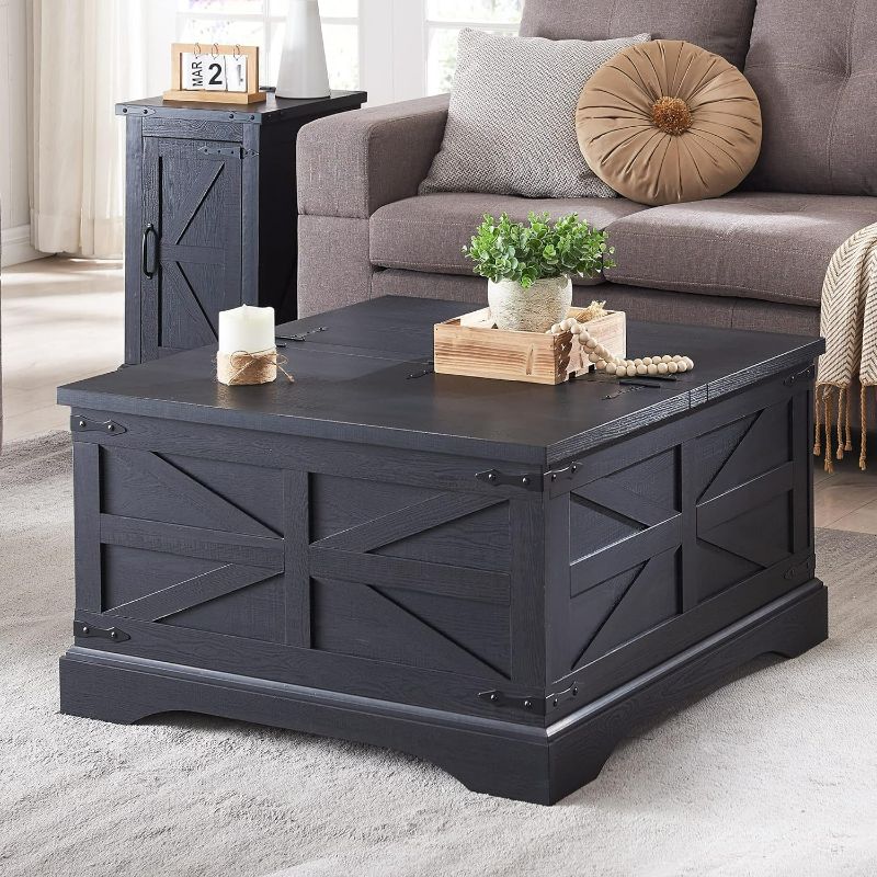 Photo 1 of JXQTLINGMU Farmhouse Coffee Table, Square Wood Center Table with Large Hidden Storage Compartment for Living Room, Rustic Cocktail Table with Hinged Lift Top for Home, Black

