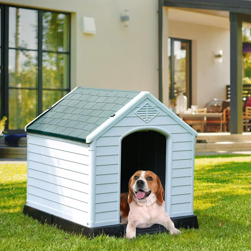 Photo 2 of YITAHOME 34.5'' Large Plastic Dog House Outdoor Indoor Doghouse Puppy Shelter Water Resistant Easy Assembly Sturdy Dog Kennel with Air Vents and Elevated Floor (34.5''L*31''W*32''H, Gray)
