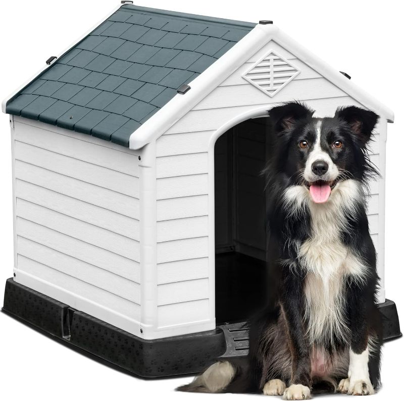 Photo 1 of YITAHOME 34.5'' Large Plastic Dog House Outdoor Indoor Doghouse Puppy Shelter Water Resistant Easy Assembly Sturdy Dog Kennel with Air Vents and Elevated Floor (34.5''L*31''W*32''H, Gray)
