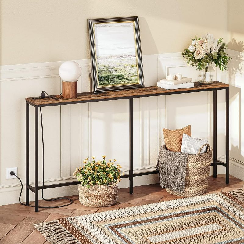 Photo 2 of ALLOSWELL Console Table with Power Outlet, 63" Narrow Sofa Industrial Entryway Behind Couch Table with USB Ports for Entryway, Hallway, Foyer, Living Room, Bedroom CTHR16E01

