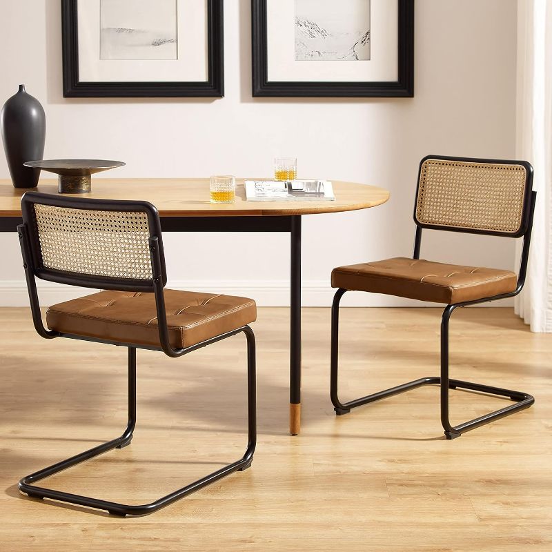 Photo 1 of Art Leon Rattan Dining Chairs, Set of 2, Genuine Leather, Black Oak Back Frame, Mid Century Modern Dining Room Chairs with Rattan Backrest, Kitchen Chairs with Black Metal Legs, Brown Black
