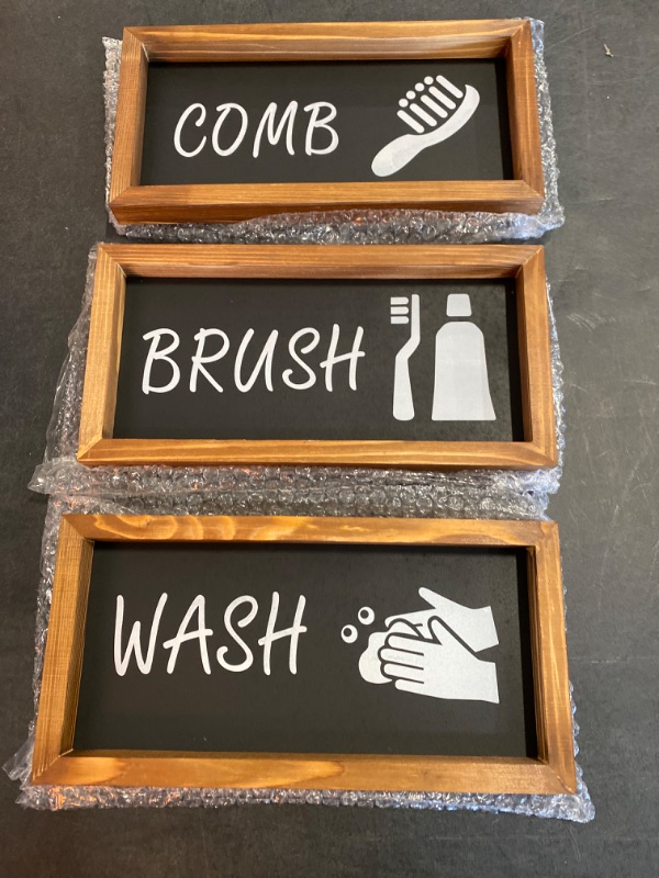 Photo 1 of LIBWYS Bathroom Sign & Plaque (Set of 3) Wash Your Hands Brush Your Teeth Comb Your Hair Decorative Rustic Wood Farmhouse Bathroom Wall Decor (Black)
