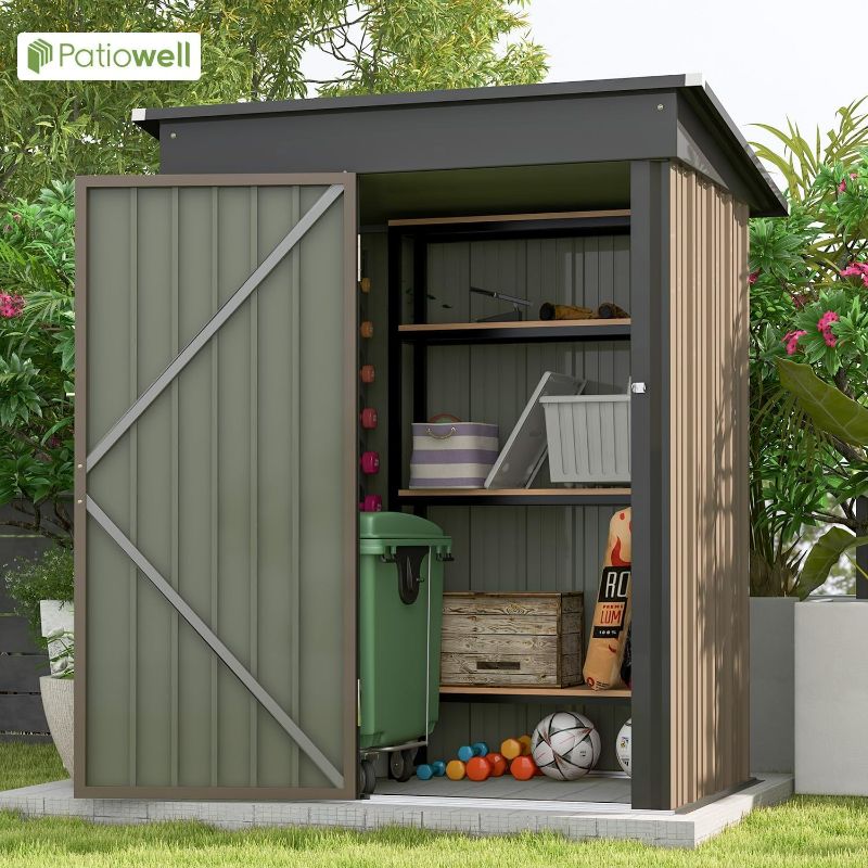 Photo 1 of Patiowell 5x3 FT Outdoor Storage Shed, Tool Shed with Sloping Roof and Lockable Door, Metal Shed for Backyard Garden Patio Lawn, Brown

