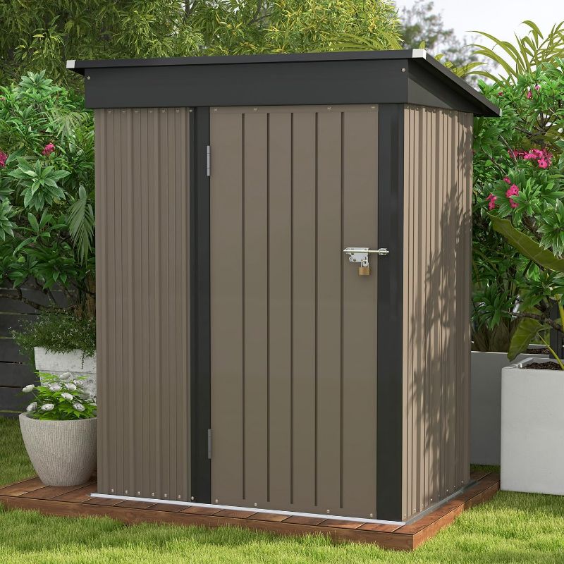 Photo 1 of Patiowell 5x3 FT Outdoor Storage Shed, Tool Shed with Sloping Roof and Lockable Door, Metal Shed for Backyard Garden Patio Lawn, Brown
