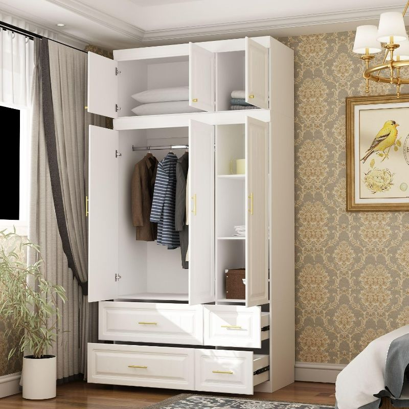 Photo 3 of DiDuGo 3 Door Wardrobe Closet with Drawers & Shelves, Armoire Wardrobe Closet with Hanging Rod, Top Cube Storage, Bedroom Armoire Closet, White and Gold (47.2”W x 20.6”D x 93.7”H)
